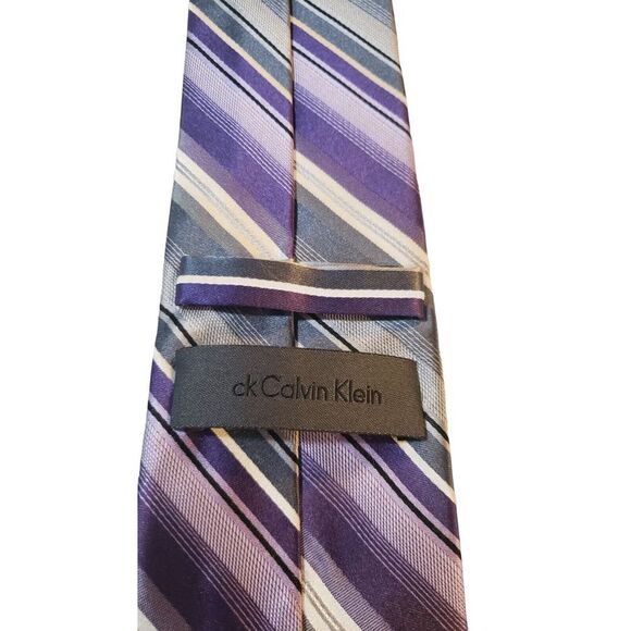 CK Calvin Klein Purple Gray Striped 100% Silk Men's Neck Tie - Picture 5 of 10